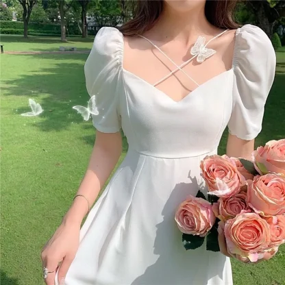 Puff Sleeve A-line White Dress - Image 2