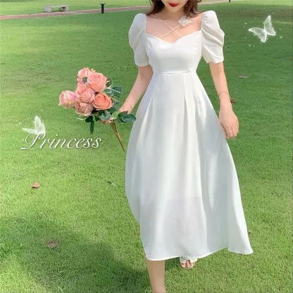 Puff Sleeve A-line White Dress - Image 3