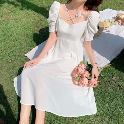 Puff Sleeve A-line White Dress - Image 4