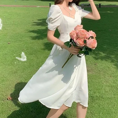 Puff Sleeve A-line White Dress