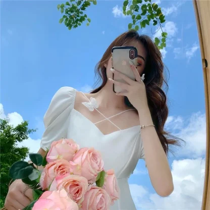 Puff Sleeve A-line White Dress - Image 6