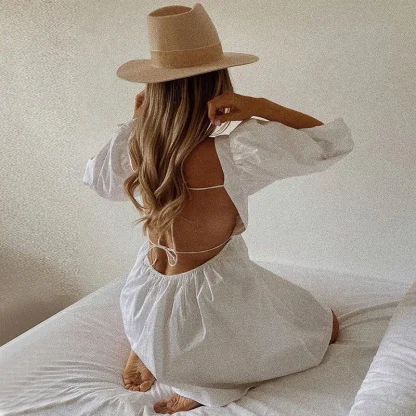 Puff Sleeve Backless White Dress - Image 7