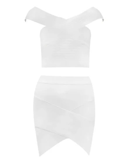 Off-shoulder Bandage White Dress Set - Image 3