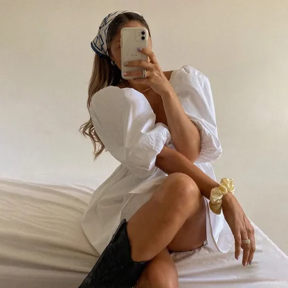 Puff Sleeve Backless White Dress - Image 4