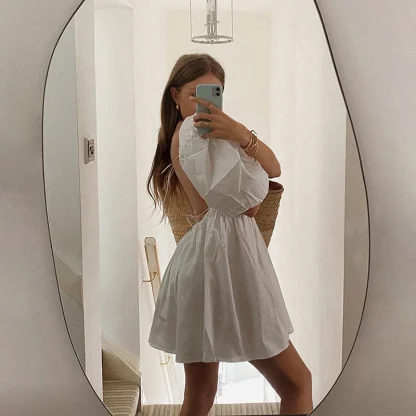 Puff Sleeve Backless White Dress - Image 5