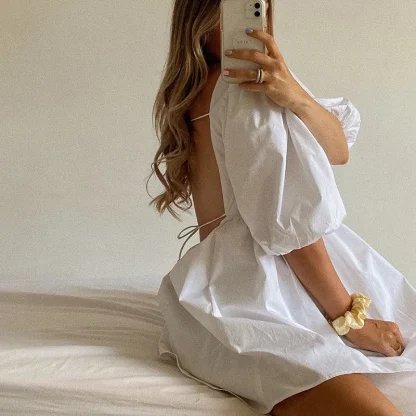 Puff Sleeve Backless White Dress - Image 2