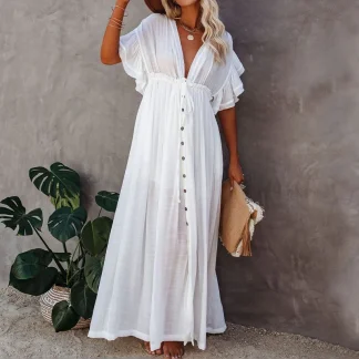 V-neck Long Tunic White Dresses