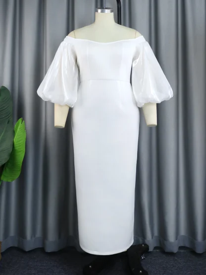 Off-shoulder Lantern Sleeve White Dress - Image 2
