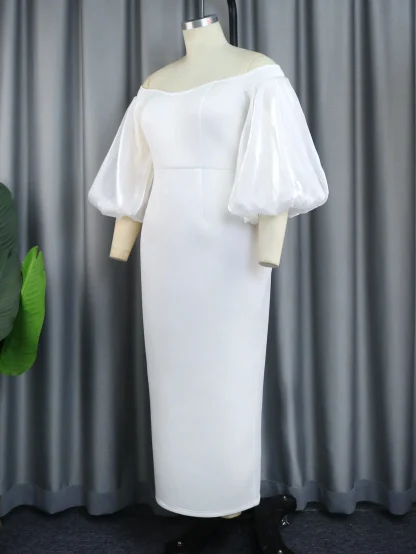 Off-shoulder Lantern Sleeve White Dress - Image 4