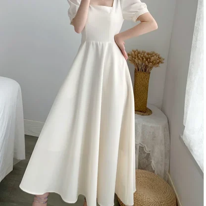Puff Short Sleeve White Dresses - Image 2