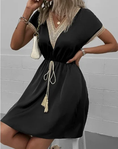 V-neck Elastic Waist White Dresses - Image 7