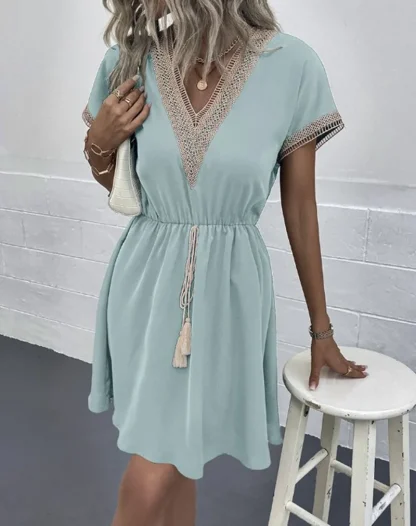 V-neck Elastic Waist White Dresses - Image 6