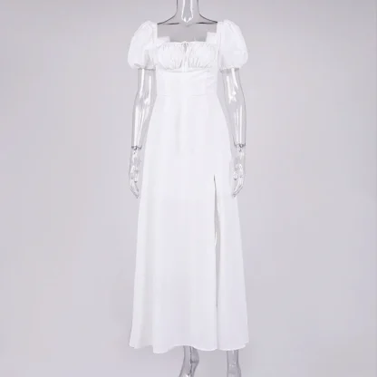 Puff Sleeve High Slit White Dresses - Image 7