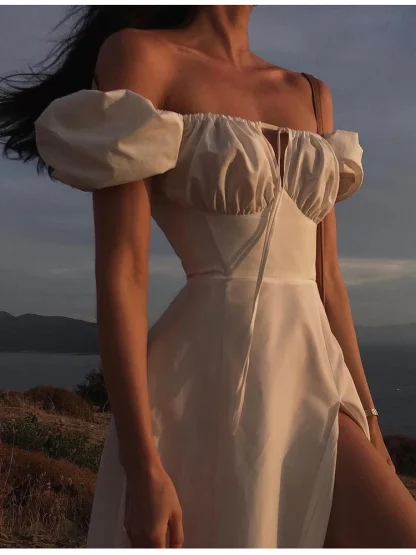 Puff Sleeve High Slit White Dresses - Image 4