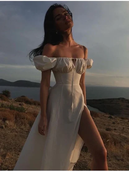 Puff Sleeve High Slit White Dresses - Image 5