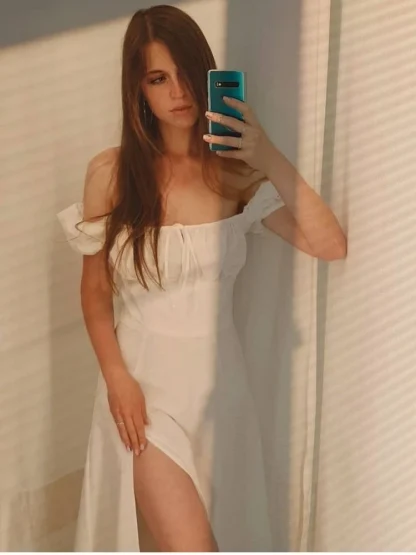 Puff Sleeve High Slit White Dresses - Image 3