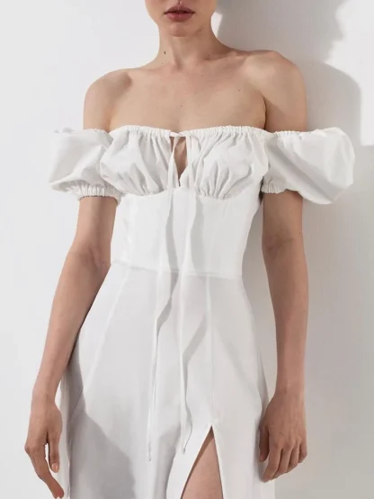 Puff Sleeve High Slit White Dresses - Image 2