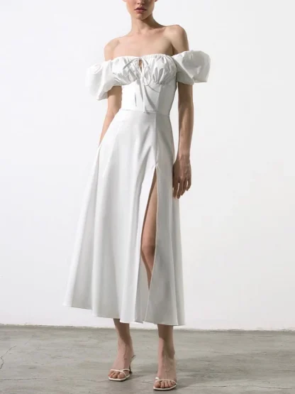 Puff Sleeve High Slit White Dresses