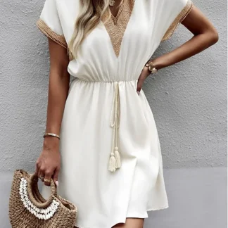 V-neck Elastic Waist White Dresses