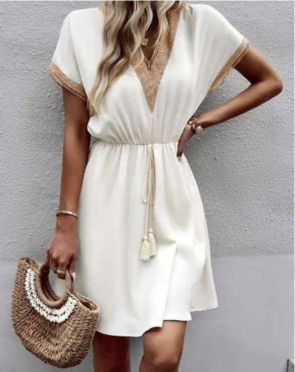 V-neck Elastic Waist White Dresses
