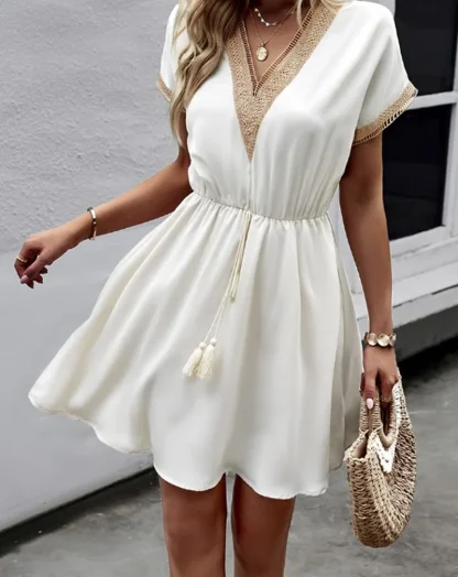 V-neck Elastic Waist White Dresses - Image 5