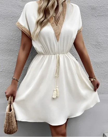 V-neck Elastic Waist White Dresses - Image 3